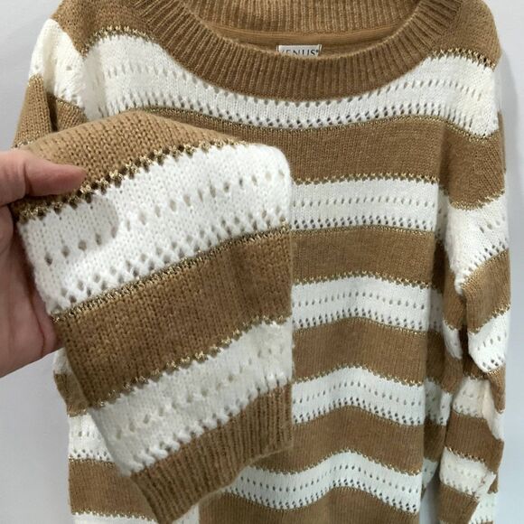 NWOT! Striped Brown/Cream/Gold Long Open Knit Sweater by Venus Size XL - Picture 5 of 9